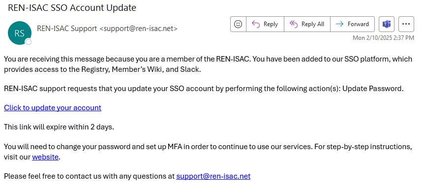 Screenshot of SSO account update email.