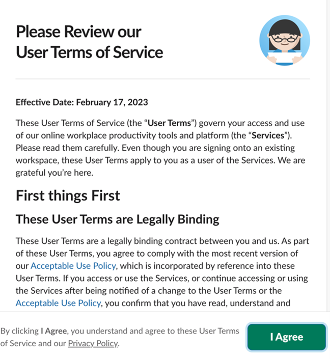 Screenshot of Slack user agreement.